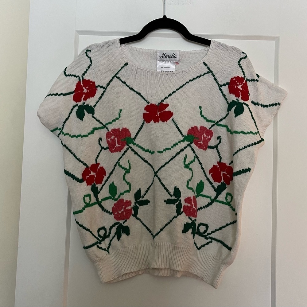 Vintage Handknit Poppies Floral Cotton Sweater Top